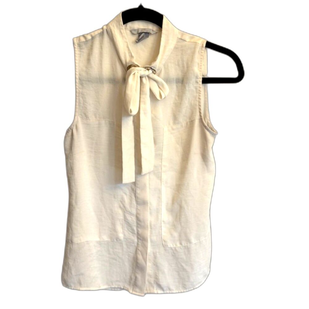 H&M Cream Tie Neck Blouse Size 4 Sleeveless Bow Detail Lightweight Top